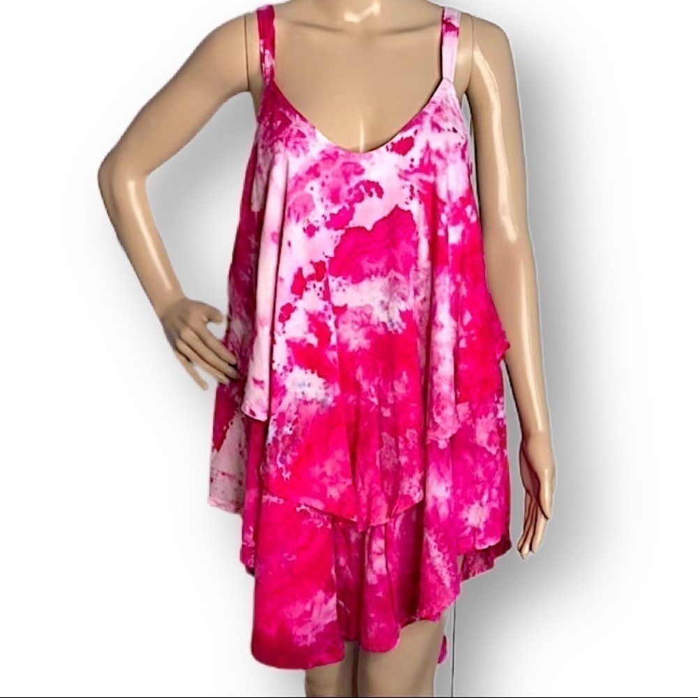 Tie dye ice dye festival tunic pink ruffle waterfall top  XL